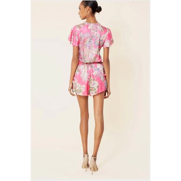 Hale Bob Pink SIlk Floral Paisley Ruffle Double Breasted Romper Size XS NWT - Picture 3 of 10